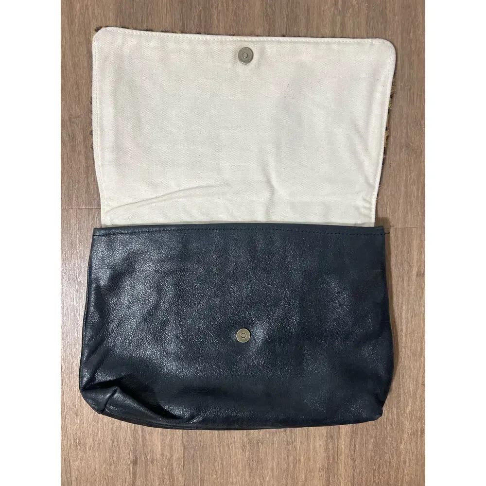 Black leather Clutch with leopard print closure and canvas lining